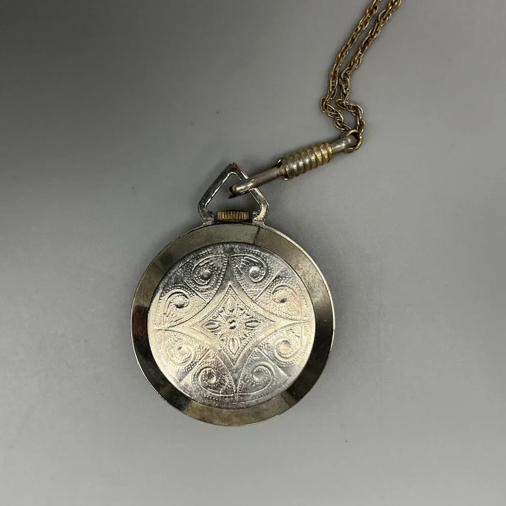 Vintage Capri Pendant Pocket Watch Necklace Women 34mm Silver Tone New Battery